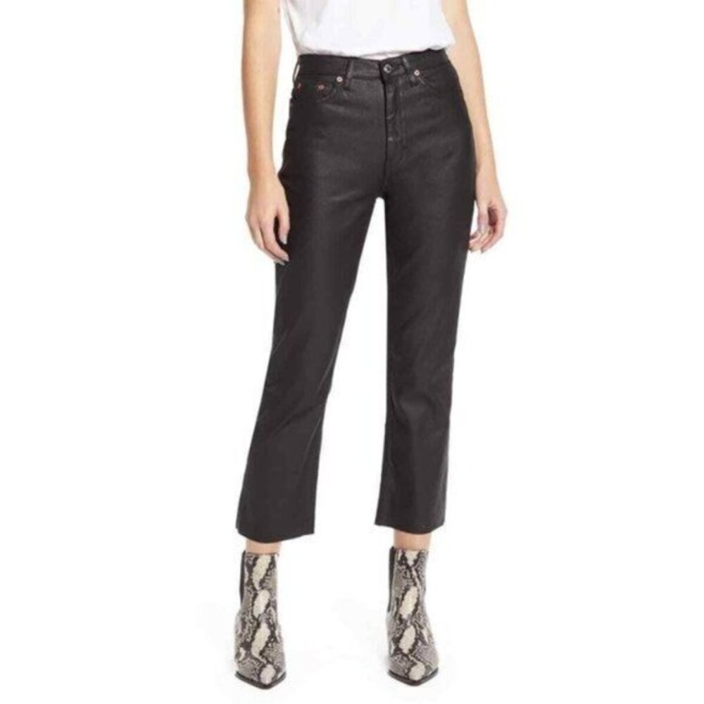 TOPSHOP Black Coated Jeans High Rise Raw Hem Cropped Straight Leg Sz 25 NEW